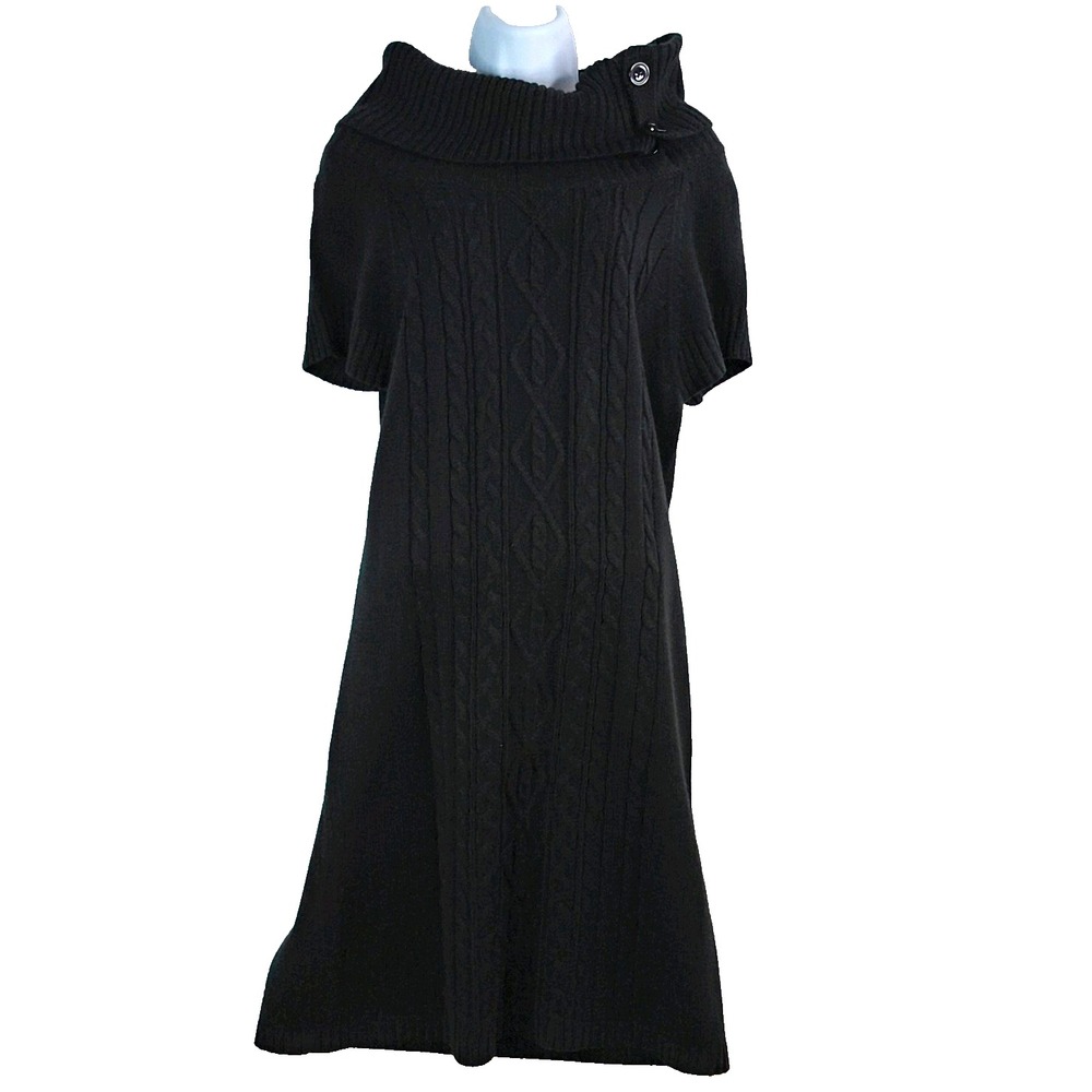 dressbarn Womens XL Black Cable Knit Cowl Neck Sweater Dress Acrylic Buttons